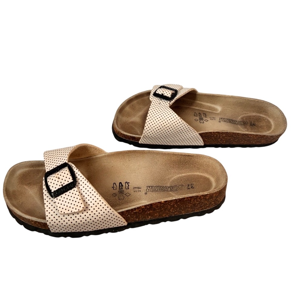 Goldstar Polka Dot Cork Slide Sandals Cream Black Buckle Italy Mens Womens 37